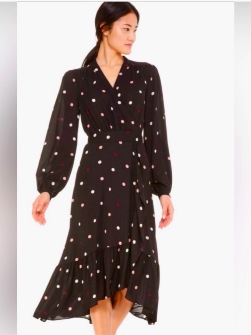 kate spade Black Polka Dot Wrap Midi Dress with Pink & White Dots